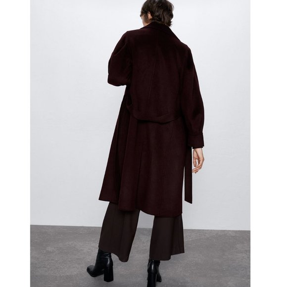 Zara Handmade Belted Wrap Wool Coat Wine - Picture 6 of 10